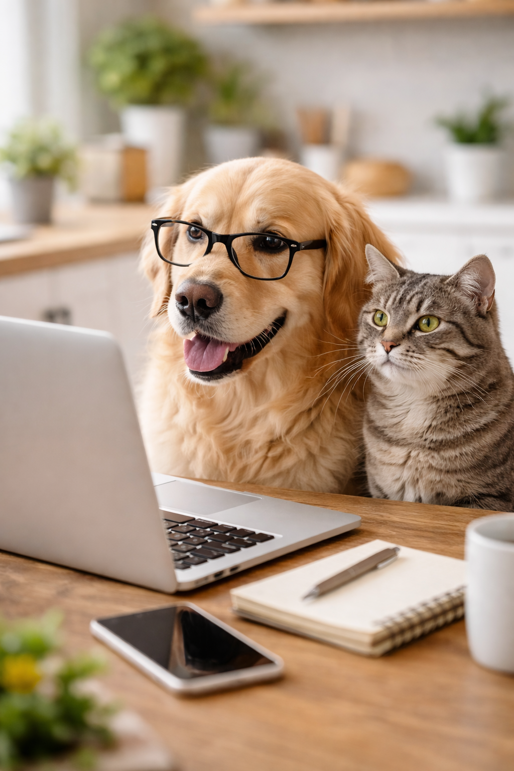 Hund und Katze vor Laptop – flexibel mitwirken von zuhause