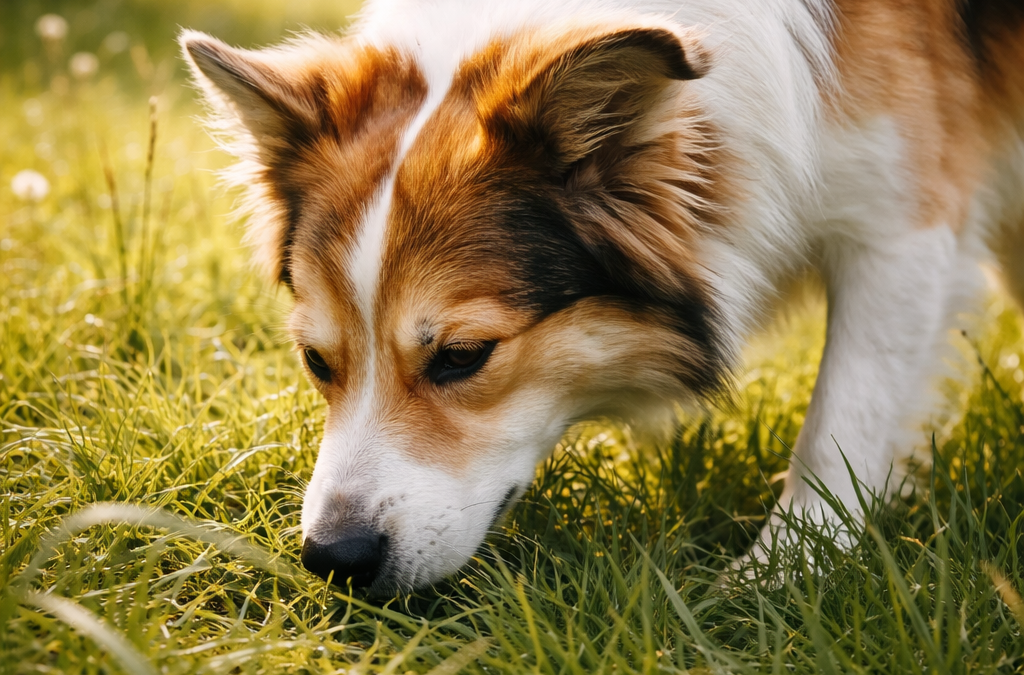 Hund schnüffelt konzentriert im Gras auf einer sonnigen Wiese