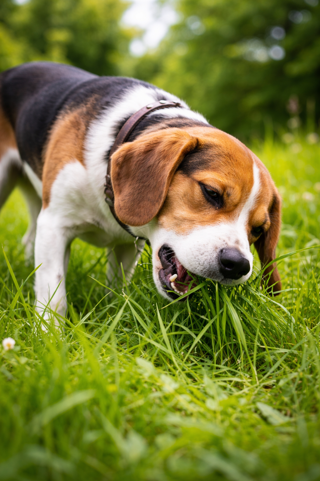 Hund frisst Gras auf einer Wiese