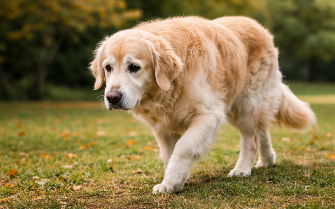 Älterer Golden Retriever läuft langsam über eine Wiese – möglicher Hinweis auf Gelenkbeschwerden beim Hund