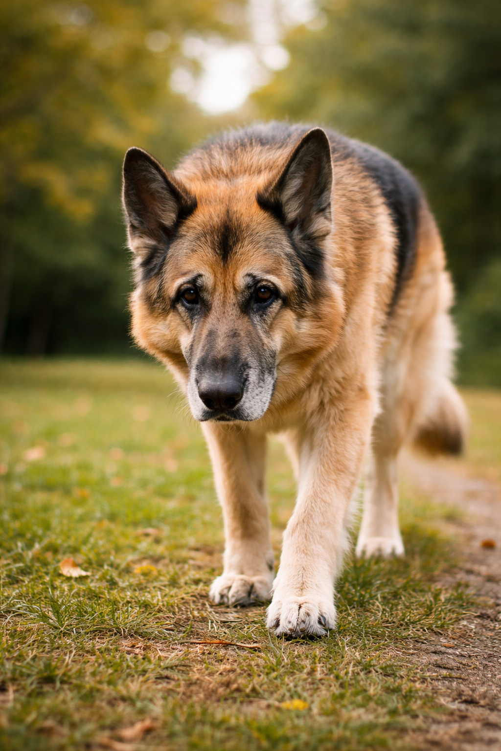 Älterer Schäferhund läuft langsam im Park – mögliche Gelenkbeschwerden