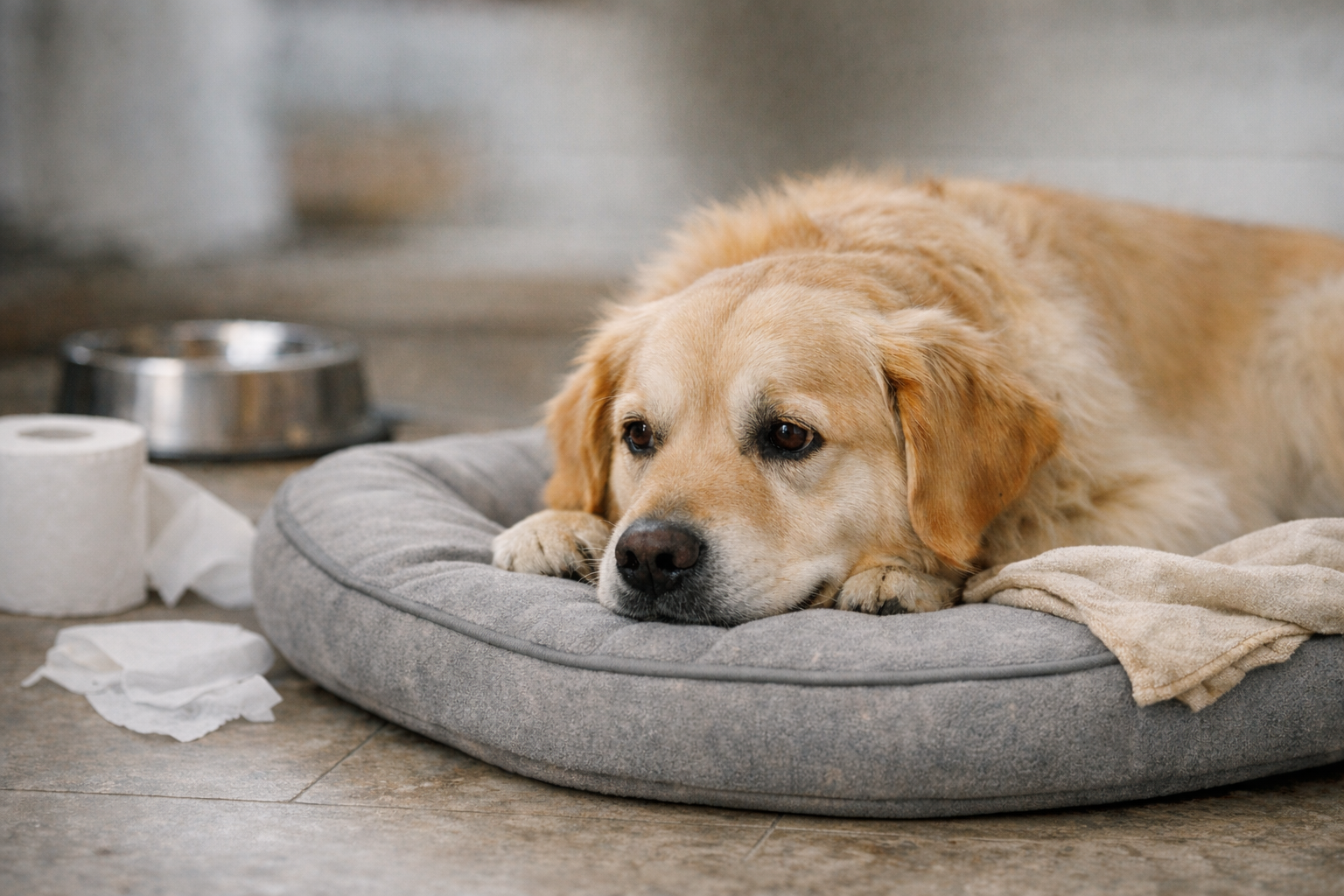 Golden Retriever liegt erschöpft auf einem Hundebett wegen Magen-Darm-Beschwerden