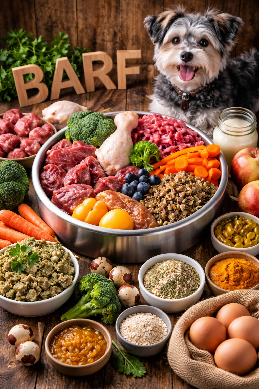 BARF für Hunde mit rohem Fleisch und Gemüse im Napf