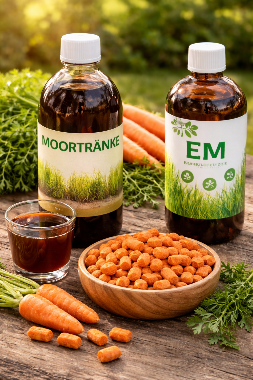 Karottenpellets, Moortränke und effektive Mikroorganismen zur Unterstützung der Darmsanierung beim Hund