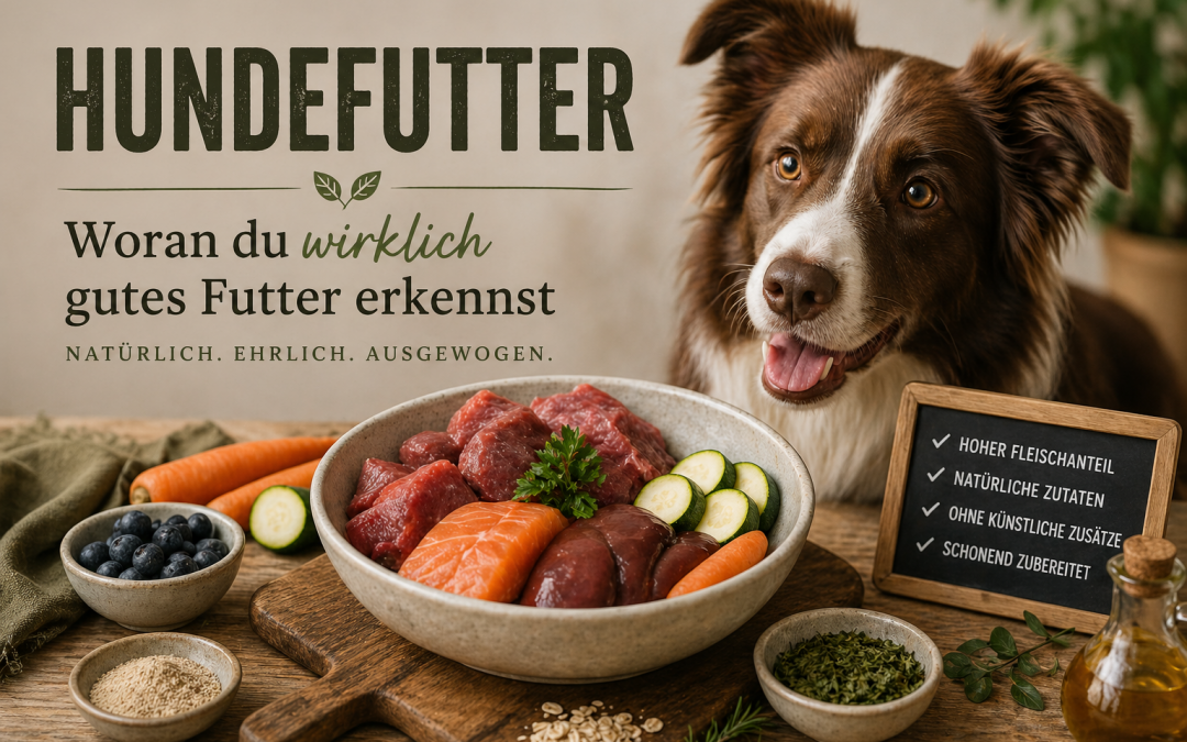 Hochwertiges Hundefutter mit frischem Fleisch, Fisch, Gemüse und natürlichen Zutaten neben einem gesunden Hund