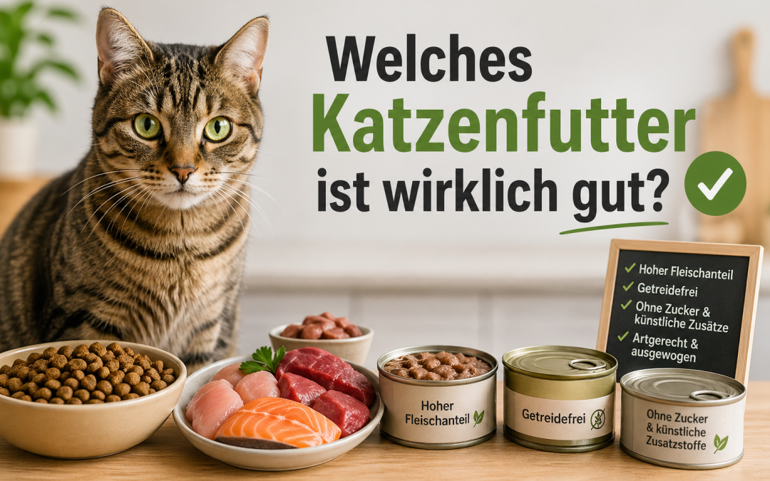 Katze sitzt vor hochwertigem Nassfutter und frischen Zutaten wie Fleisch und Fisch als Beispiel für gesundes Katzenfutter mit hohem Fleischanteil