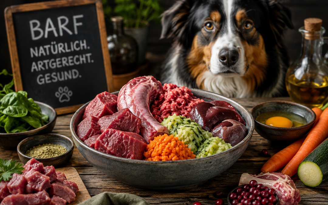 BARF-Fütterung für Hunde mit frischem rohem Fleisch, Innereien, Gemüse und einem Australian Shepherd im Hintergrund